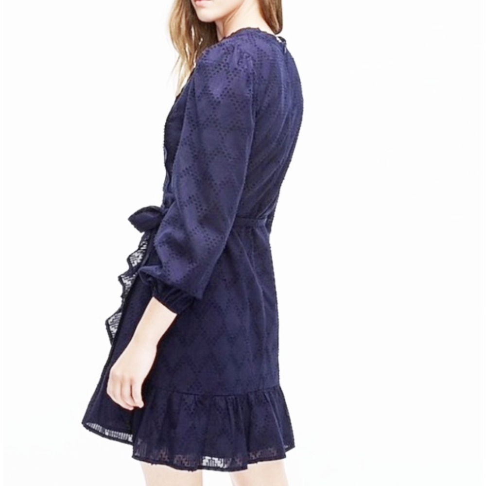 J. Crew 100% Cotton Navy Blue Swiss Dot Ruffle Faux‎ Wrap Mini Dress AG792